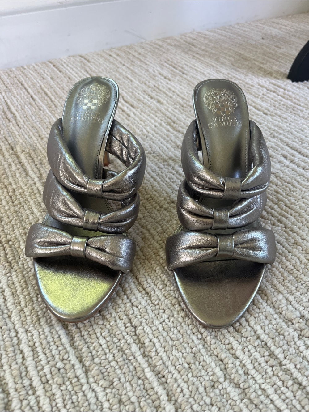 Vince Camuto Metallic Pewter Knot & Bow Slide Mules
